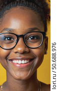 Headshot portrait of happy mixed race black african girl wearing glasses. Стоковое AI-видео, аниматор Sergey Grishin / Фотобанк Лори