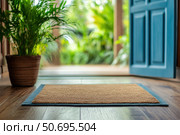 Close-up of natural fiber doormat on wooden floor with open blue doors. Potted plant in frame. Bright daylight outside. Inviting home entrance. Clean, fresh, cozy mood. Interior, lifestyle. Banner. Стоковое AI-изображение, AI-художник Евгений Демидюк / Фотобанк Лори