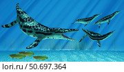 A group of Dolichorhynchops try to escape from a huge Kronosaurus. Стоковое фото, фотограф Corey Ford/Stocktrek Images / ТАСС / Фотобанк Лори