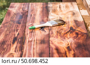 The procedure for protecting and coating wooden boards. The texture of wood treated with stain. Close-up of stain and brush. Стоковое фото, фотограф Photojuli / Фотобанк Лори