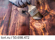 The procedure for protecting and coating wooden boards. A worker applies a protective wood stain with a brush. The process of restoring a hardwood flooring. Стоковое фото, фотограф Photojuli / Фотобанк Лори