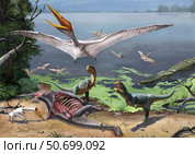 Rugops primus dinosaurs and Alanqa pterosaurs mortify a dead carcass. Стоковое фото, фотограф Sergey Krasovskiy/Stocktrek Images / ТАСС / Фотобанк Лори