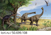 A raptor stalks a pair of grazing Europasaurus holgeri dinosaurs. Стоковое фото, фотограф Sergey Krasovskiy/Stocktrek Images / ТАСС / Фотобанк Лори