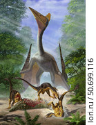 A group of Balaur bondoc dinosaurs fight for the corpse of a Struthiosaurus. Стоковое фото, фотограф Sergey Krasovskiy/Stocktrek Images / ТАСС / Фотобанк Лори