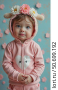 Happy Child in a Pink Bear Hoodie Smiles Against a Floral Backdrop, Perfect for Kids' Apparel and Parenting Blogs. Стоковое AI-видео, аниматор Sergey Grishin / Фотобанк Лори