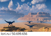 Diplodocus dinosaurs being stalked by a carnivorous Allosaurus. Стоковое фото, фотограф Mark Stevenson/Stocktrek Images / ТАСС / Фотобанк Лори