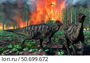 Parasaurolophus duckbill dinosaurs fleeing a deadly forest fire. Стоковое фото, фотограф Mark Stevenson/Stocktrek Images / ТАСС / Фотобанк Лори