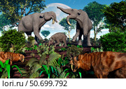 A pair of Sabre-Toothed Tigers stalking a family of Deinotherium. Стоковое фото, фотограф Mark Stevenson/Stocktrek Images / ТАСС / Фотобанк Лори