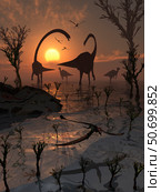 Omeisaurus and duckbill dinosaurs co-existing side by side. Стоковое фото, фотограф Mark Stevenson/Stocktrek Images / ТАСС / Фотобанк Лори
