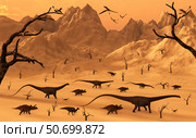 A mixed herd of dinosaurs  migrate to greener pastures. Стоковое фото, фотограф Mark Stevenson/Stocktrek Images / ТАСС / Фотобанк Лори