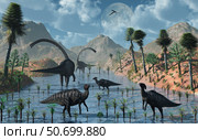 Sauropod and duckbill dinosaurs feed peacefully together. Стоковое фото, фотограф Mark Stevenson/Stocktrek Images / ТАСС / Фотобанк Лори
