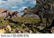 A confrontation between a T. Rex and a Spinosaurus dinosaur. Стоковое фото, фотограф Mark Stevenson/Stocktrek Images / ТАСС / Фотобанк Лори
