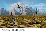 A pair of Compsognathus dinosaurs startled by an approaching helicopter. Стоковое фото, фотограф Mark Stevenson/Stocktrek Images / ТАСС / Фотобанк Лори