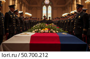 Group of uniformed officers standing in honor of a casket covered in flags. Стоковое AI-изображение, AI-художник KATERINA AI / Фотобанк Лори