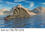 A Spinosaurus dinosaur hunting for food in a lake. Стоковое фото, фотограф Mark Stevenson/Stocktrek Images / ТАСС / Фотобанк Лори