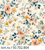 Seamless pattern of a nice drawn wild flowers and leaves. Nice watercolor tileable vintage pattern. Стоковое AI-изображение, AI-художник Олег Яцкевич / Фотобанк Лори