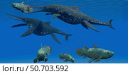 A Shonisaurus Ichthyosaur stabs a Coelacanth fish in Triassic seas. Стоковое фото, фотограф Corey Ford/Stocktrek Images / ТАСС / Фотобанк Лори