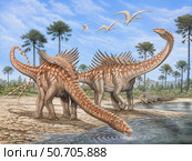 Agustinia dinosaurs drinking water from a river, with Pterodactylus flying above. Стоковое фото, фотограф Phil Wilson/Stocktrek Images / ТАСС / Фотобанк Лори