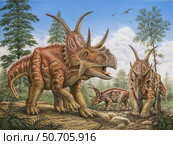 Diabloceratops dinosaurs roaming prehistoric woodlands. Стоковое фото, фотограф Phil Wilson/Stocktrek Images / ТАСС / Фотобанк Лори