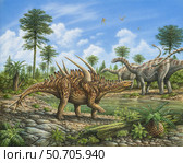 A Gigantspinosaurus and pair of Shunosaurus dinosaurs share a watering hole. Стоковое фото, фотограф Phil Wilson/Stocktrek Images / ТАСС / Фотобанк Лори
