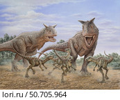 A pair of Carnotaurus dinosaurs chasing a group of Gasparinisaura. Стоковое фото, фотограф Phil Wilson/Stocktrek Images / ТАСС / Фотобанк Лори