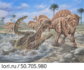 Sarcosuchus attacking a herd of Ouranosaurus dinosaurs. Стоковое фото, фотограф Phil Wilson/Stocktrek Images / ТАСС / Фотобанк Лори