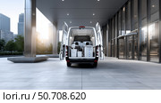 Delivery van parked at modern building with opened doors in city setting. Развозной фургон припаркован у современного здания с открытыми дверями в городской обстановке. Стоковое AI-изображение, AI-художник Katsiaryna Repich / Фотобанк Лори