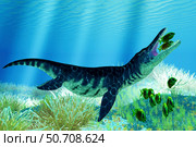 A school of lemonpeel angelfish try to get away from a Liopleurodon plesiosaur. Стоковое фото, фотограф Corey Ford/Stocktrek Images / ТАСС / Фотобанк Лори