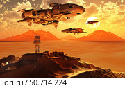 Colony ships landing on an exoplanets surface. Стоковое фото, фотограф Mark Stevenson/Stocktrek Images / ТАСС / Фотобанк Лори