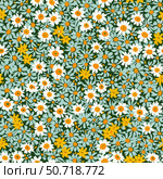 Seamless pattern a lot of small daisies chamomile flowers on green background. Стоковое AI-изображение, AI-художник Олег Яцкевич / Фотобанк Лори