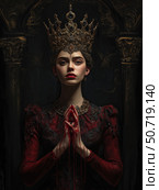 Dark fantasy book cover, sinister queen in dark red velvet gown, golden crown , blood dripping from fingertips, marble palace background. Стоковое AI-изображение, AI-художник Корчагина Анастасия / Фотобанк Лори
