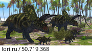 Two mother Coahuilaceratops escort their baby hatchlings. Стоковое фото, фотограф Corey Ford/Stocktrek Images / ТАСС / Фотобанк Лори