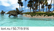 Two Coahuilaceratops dinosaurs wade through tropical waters. Стоковое фото, фотограф Corey Ford/Stocktrek Images / ТАСС / Фотобанк Лори