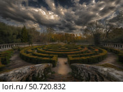Circular hedge maze in a park under cloudy sky. Стоковое AI-изображение, AI-художник Иван Рябоконь / Фотобанк Лори