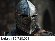 Medieval knight wearing helmet and chainmail, protecting history and heritage. Стоковое AI-изображение, AI-художник Иван Рябоконь / Фотобанк Лори