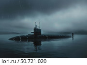 Nuclear submarine patrolling dark waters under heavy rain. Стоковое AI-изображение, AI-художник Иван Рябоконь / Фотобанк Лори