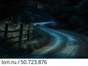 Winding country road disappearing into dark forest at night. Стоковое AI-изображение, AI-художник Иван Рябоконь / Фотобанк Лори