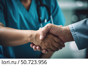Doctor shaking hands with patient, expressing empathy and care in hospital setting. Стоковое AI-изображение, AI-художник Иван Рябоконь / Фотобанк Лори