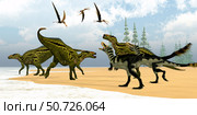 Alioramus dinosaurs confront a herd of Shantungosaurus as Anhanguera pterosaurs fly overhead. Стоковое фото, фотограф Corey Ford/Stocktrek Images / ТАСС / Фотобанк Лори