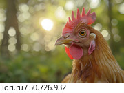 Brown hen enjoying sunlight in green forest. Стоковое AI-изображение, AI-художник Иван Рябоконь / Фотобанк Лори