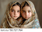 Twin girls wearing embroidered golden shawls with serious expressions. Стоковое AI-изображение, AI-художник Иван Рябоконь / Фотобанк Лори