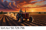 A man is driving a red tractor in a field. Стоковое AI-изображение, AI-художник Ярославский Максим / Фотобанк Лори