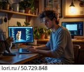 A man is sitting at a desk with a cat on his lap. Стоковое AI-изображение, AI-художник Ярославский Максим / Фотобанк Лори