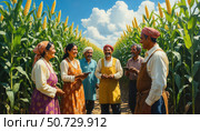A group of people are standing in a field of corn. Стоковое AI-изображение, AI-художник Ярославский Максим / Фотобанк Лори