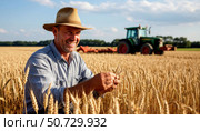 A man in a straw hat is sitting in a field of wheat. Стоковое AI-изображение, AI-художник Ярославский Максим / Фотобанк Лори