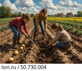 Three women are working in a field, digging up potatoes. Стоковое AI-изображение, AI-художник Ярославский Максим / Фотобанк Лори