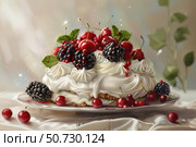 Delicious pavlova cake overflowing with fresh berries and cream. Стоковое AI-изображение, AI-художник Иван Рябоконь / Фотобанк Лори