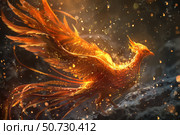 Majestic phoenix rising from ashes, embracing rebirth and hope. Стоковое AI-изображение, AI-художник Иван Рябоконь / Фотобанк Лори
