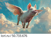 Pig flying in cloudy sky with angelic wings, when pigs fly idiom depiction. Стоковое AI-изображение, AI-художник Иван Рябоконь / Фотобанк Лори