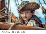 Young captain smiling aboard a sailing ship wearing tricorn hat. Стоковое AI-изображение, AI-художник Иван Рябоконь / Фотобанк Лори